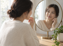 자연광이 들어오는 차분한 실내에서 성인 여성이 거울을 보며 옅은 미소로 자신의 표정을 살펴보는 사진 - 김해 보톡스 | 미미썸의원 김해점