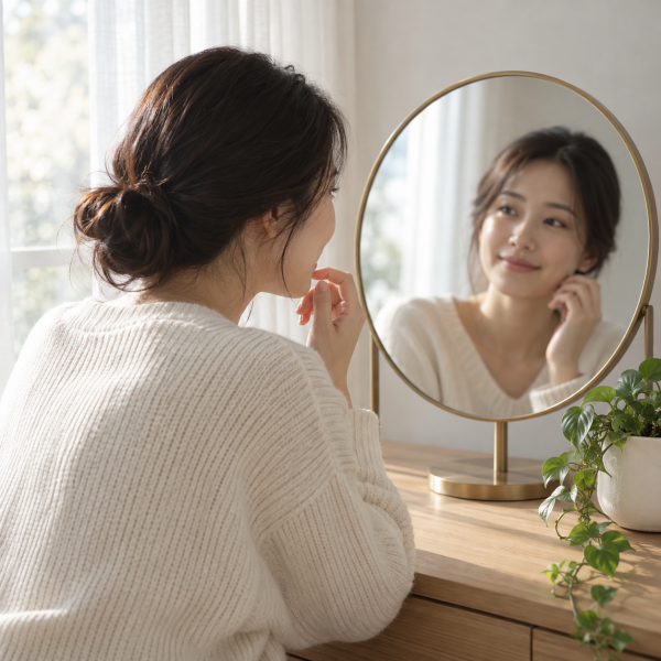 자연광이 들어오는 차분한 실내에서 성인 여성이 거울을 보며 옅은 미소로 자신의 표정을 살펴보는 사진 - 김해 보톡스 | 미미썸의원 김해점