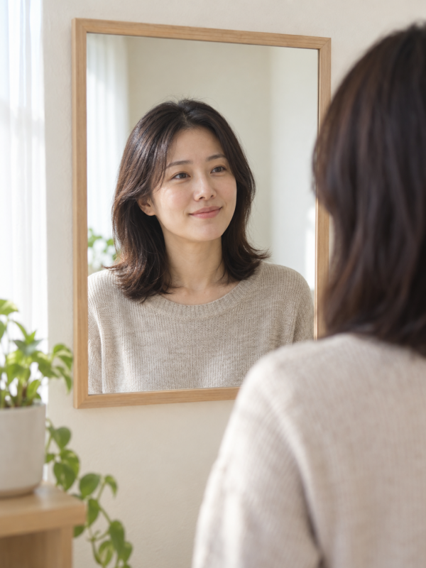 밝고 차분한 집 안에서 성인이 작은 거울을 보며 자신의 표정을 가볍게 살피는 자연스러운 사진 - 김해 보톡스 | 미미썸의원 김해점